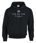 Vit krona och text ”For Helvede Copenhagen” på svart hoodie.