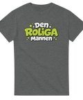 Lekfullt grafiskt tryck med humoristisk text på en gråmelerad t-shirt