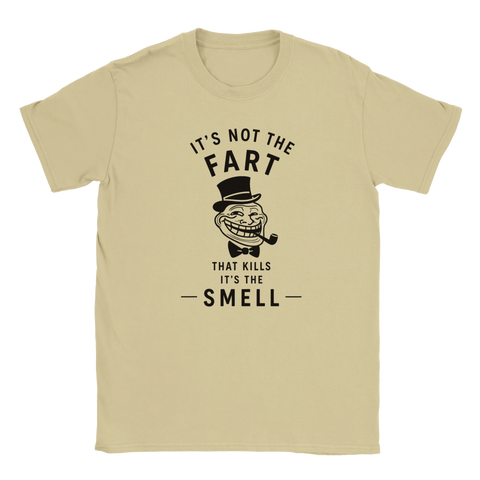 Grafisk t-shirt med Trollface och humoristiskt citat om dofter