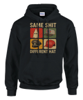Satirisk illustration med historiska huvudbonader tryckt på svart hoodie