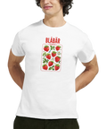Närbild av Blåbär-tryck på vit t-shirt