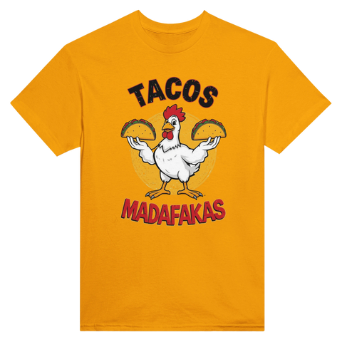 Provokativ t-shirt med färgglatt tryck av en kyckling och tacos på gul bas