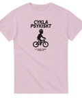 Cykla Psykiskt" tryck med cyklist och text "ATT TRAMPA I TANKAR EN INRE TUR" på ljusrosa t-shirt.