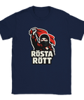 Maskerad figur med röd flagga och texten "RÖSTA RÖTT" på marinblå t-shirt, politiskt motiv.