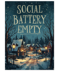 Illustration med texten Social Battery Empty över en snöig vinterby med upplysta hus och gatulyktor i mörker.