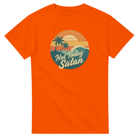 Not Today Satan" retro-tryck med palmer, solnedgång, våg på orange t-shirt.