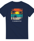 Grafisk illustration av tropisk strand med palmer – t-shirt med semester-tema