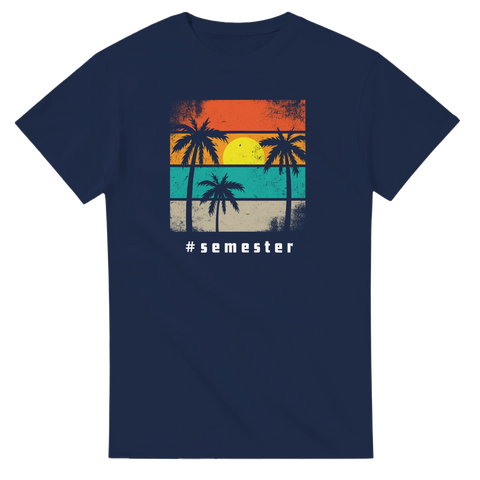 Grafisk illustration av tropisk strand med palmer – t-shirt med semester-tema