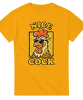 Meme-inspirerad grafik med en cool tupp och text på en gul t-shirt