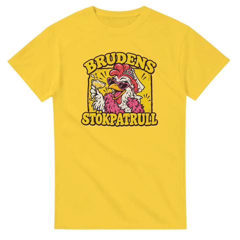 T-shirt med en festglad höna i slöja och texten Brudens stökpatrull