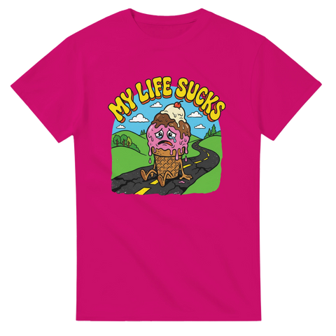 Färgglad grafisk design med deppig glass och 90-talsestetik – cerise t-shirt