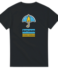 Tecknad glad paraply med blå och gul färg, text "ÄNTLIGEN SVENSK SOMMAR" på svart t-shirt.
