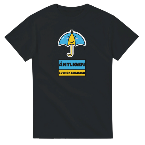 Tecknad glad paraply med blå och gul färg, text "ÄNTLIGEN SVENSK SOMMAR" på svart t-shirt.