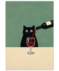 Svart katt vid bord får rödvin upphällt i glas – rolig minimalistisk poster