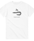 Svartvit grafisk illustration av en ål med latinsk text – motiv på vit t-shirt