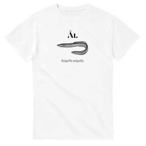 Svartvit grafisk illustration av en ål med latinsk text – motiv på vit t-shirt