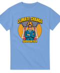 Satirisk illustration av affärsman framför fabriksrök på ljusblå t-shirt