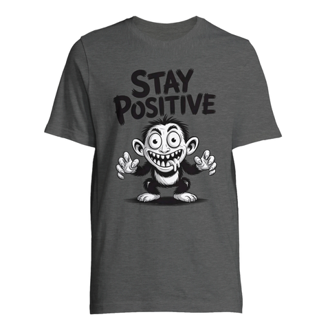 Svartvit illustration av en manisk apa med humoristiskt budskap – grå t-shirt