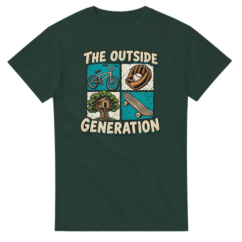 Grafiskt motiv av barndomsminnen och utomhuslek på mörkgrön t-shirt