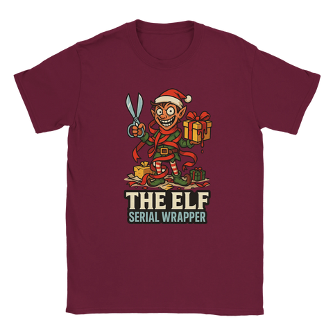 T-shirt jul – The Elf Serial Wrapper rolig jultröja i vinröd