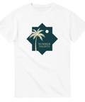 Grafisk illustration av palm och fullmåne – vit sommar t-shirt