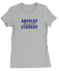 Absolut Student 2026-tryck i mörkblått på en ljusgrå premium dam t-shirt.