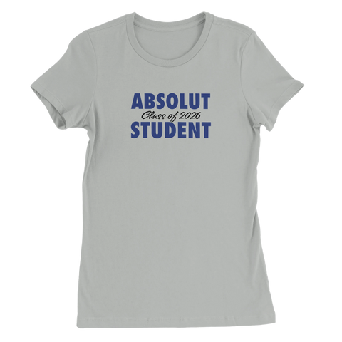 Absolut Student 2026-tryck i mörkblått på en ljusgrå premium dam t-shirt.