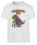 Illustration av mormor-dinosaurie med rullator – rolig t-shirt för barn