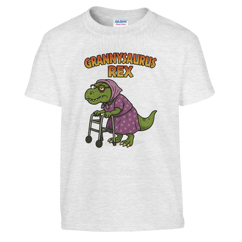 Illustration av mormor-dinosaurie med rullator – rolig t-shirt för barn