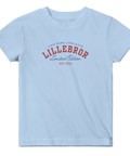 Ljusblå t-shirt för barn med lekfull textdesign i vintagestil