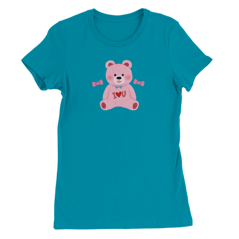 Rosa teddybjörn med blå fluga och "I ♥ U" på turkos dam-t-shirt.