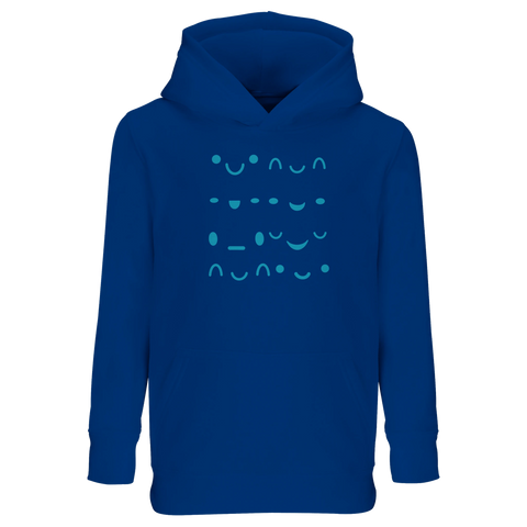 Mörkblå hoodie med minimalistiskt grafiskt tryck av abstrakta smileys