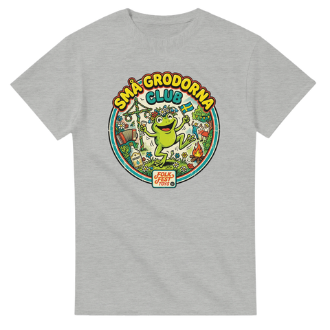 Humoristisk midsommar-illustration med dragspel och lägereld på grå t-shirt