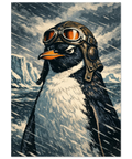 Pingvin med flygglasögon och läderhuva i snöstorm – retro djurposter