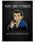 Illustration av en leende man i blå kostym som pekar framåt mot en svart bakgrund med texten You Are Unique.