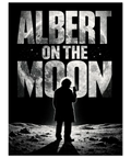 Närbild på grafisk poster visar texten Albert on the Moon fylld med detaljerade bilder av månen och stjärnor.