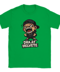 Tecknad arg kille med keps och text "DRA ÅT HELVETE" på grön t-shirt.