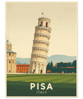 Illustration av det lutande tornet i Pisa i vintage-stil med mjuka beige och gröna toner mot en ljus himmel.