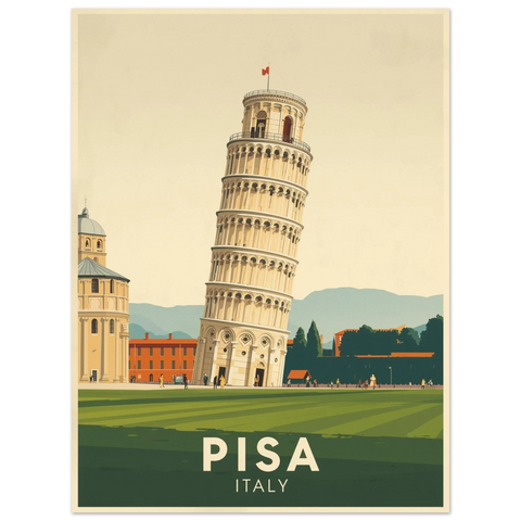 Illustration av det lutande tornet i Pisa i vintage-stil med mjuka beige och gröna toner mot en ljus himmel.
