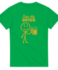 Grön t-shirt med kaxig textdesign och tecknad gubbe som dricker öl