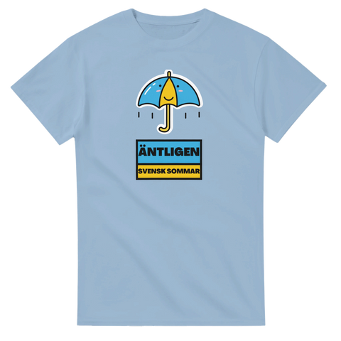 Svensk flagg-paraply med "ÄNTLIGEN SVENSK SOMMAR" på ljusblå t-shirt.