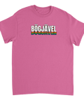 BÖGJÄVEL" text i regnbågsfärger på rosa t-shirt, retro pride design.