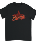 Svart t-shirt med Proletär text och röd stjärna i retrostil