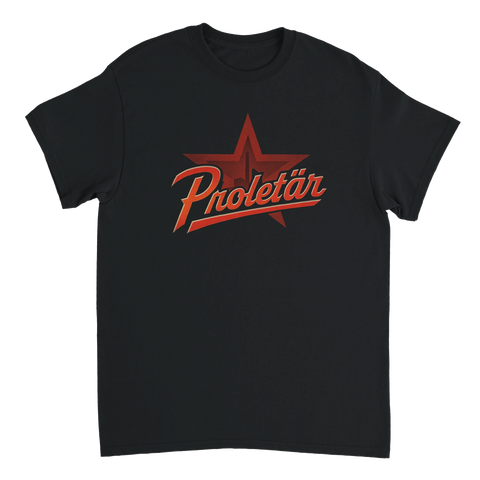 Svart t-shirt med Proletär text och röd stjärna i retrostil