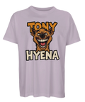 Ljuslila t-shirt med en absurd och skrattande hyena-karaktär
