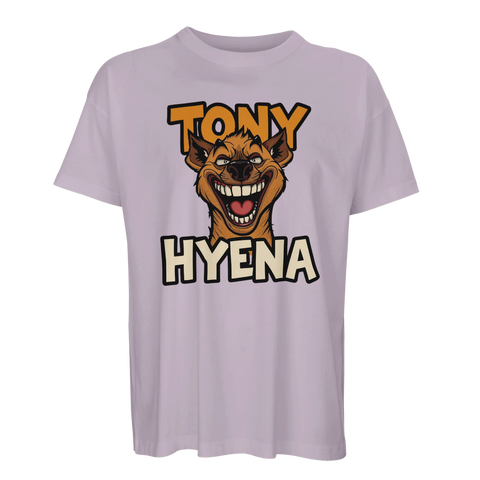 Ljuslila t-shirt med en absurd och skrattande hyena-karaktär