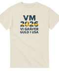 Fotbollströja med nostalgi-citatet Vi gräver guld i USA på beige bakgrund