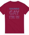 Vinröd t-shirt med glittrande text för Pride och festival – grafiskt tryck