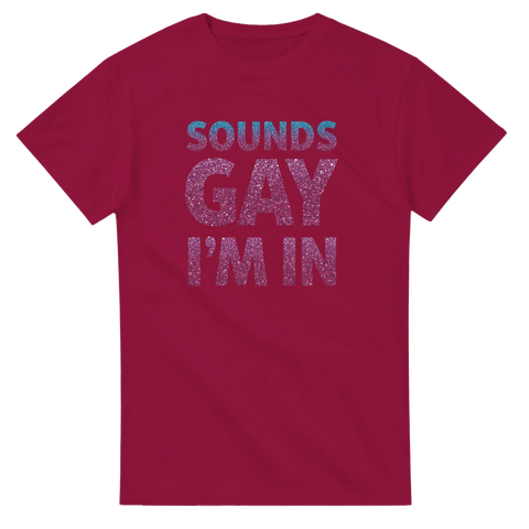 Vinröd t-shirt med glittrande text för Pride och festival – grafiskt tryck