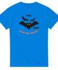 Lekfullt halloween-motiv med fladdermus-svärm och orange text på blå t-shirt